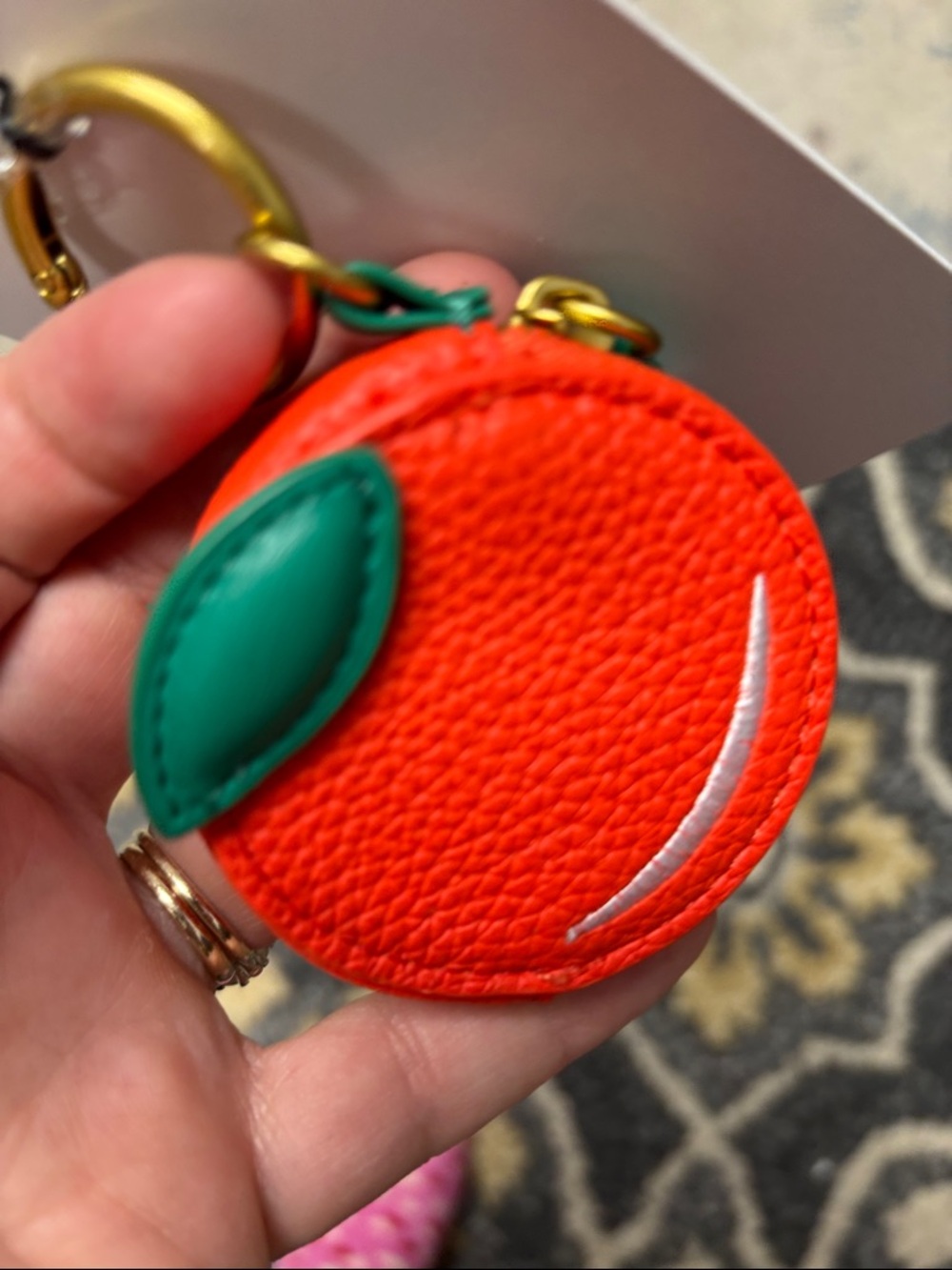 Orange Bag Charm Keychain - Orange with Green Leaf - Picture 2 of 3